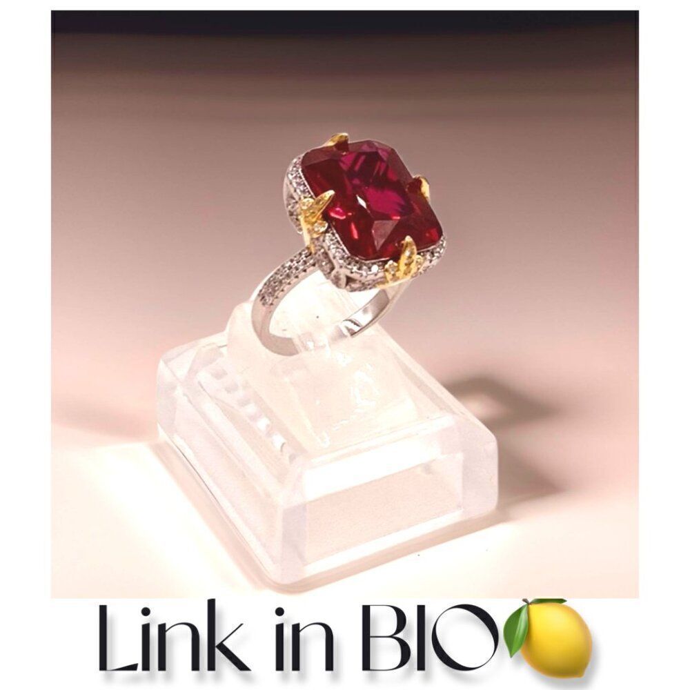 Ring, new, no tags, lab created emerald cut ruby solid 925 silver real gold